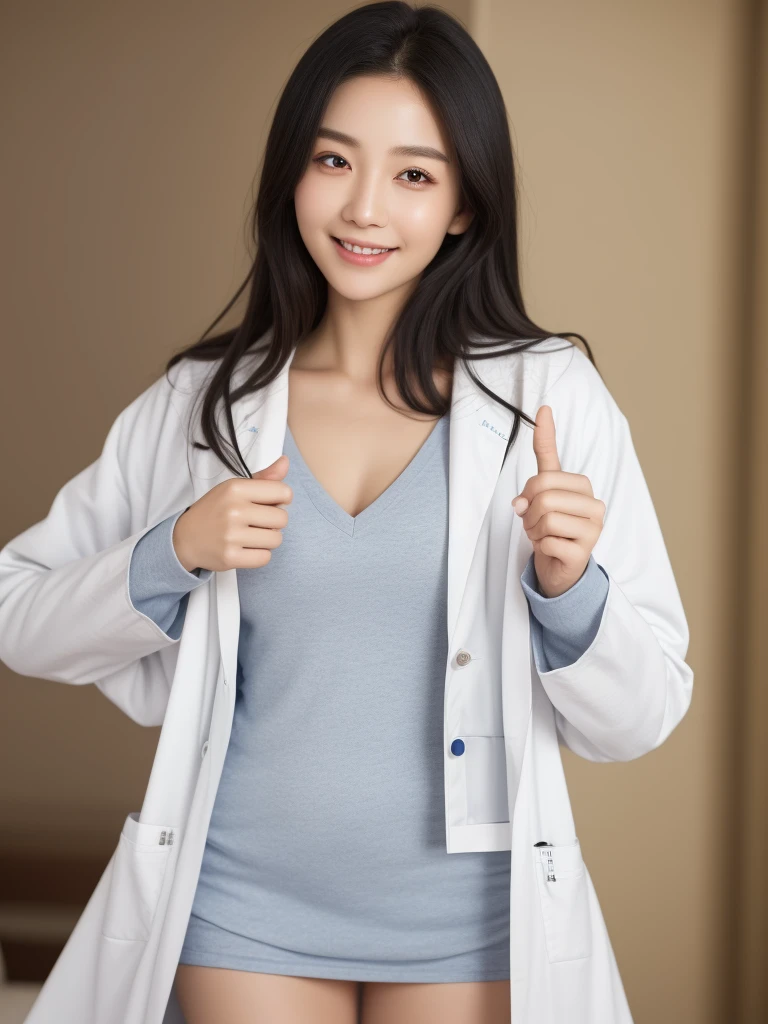 modern hospital room, 1girl, beautiful slim Korean woman, wearing (open white lab coat:1.47), navy blue scrubs, solid circle eyes, ccurate, sparkling eyes, (((fingersmile))), (medium shot), high detail, photo-realistic:1.37, 8k, super detail, best quality, masterpiece, anatomically correct, super detail, textured skin, extremely detailed face and eyes, detailed facial features, ((perfect face))