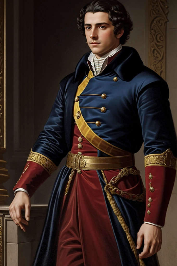 Create a concept art of a 20 year old Spanish king with a mix of 1830's green Austrian and German uniform white pants long Austrian guard helmet with feathers on top anime style and your entire concept art or design