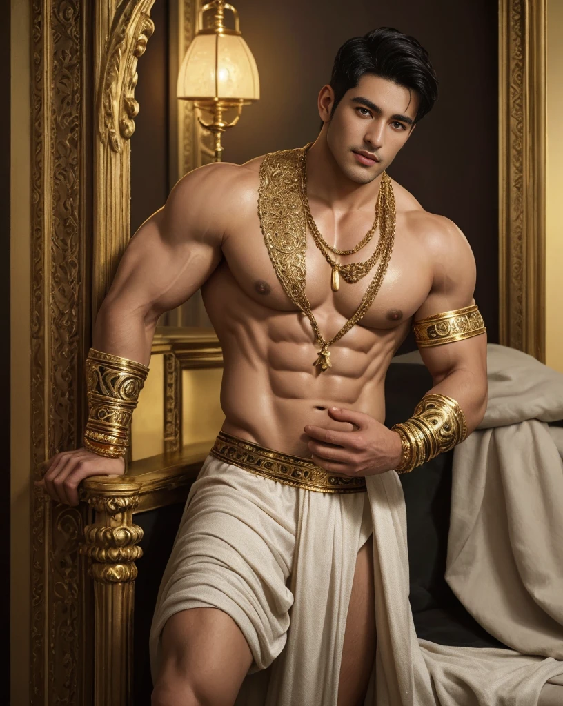 extremely handsome arabia  man, not too muscular, short black  hair, his lithe body barely covered with shimmering gold and white transparent cloths, exposed chest, exposed legs, chunky gold and ruby statement necklace, gold armbands on his biceps, gold filigreed gauntlets on his forearms, an intricate gold band on his upper thigh, golden anklet, standing in ornate silk cushions,  (best quality,4k,8k,highres,masterpiece:1.2),ultra-detailed,(realistic,photorealistic,photo-realistic:1.37)classy,confident, soft warm lights,vibrant,