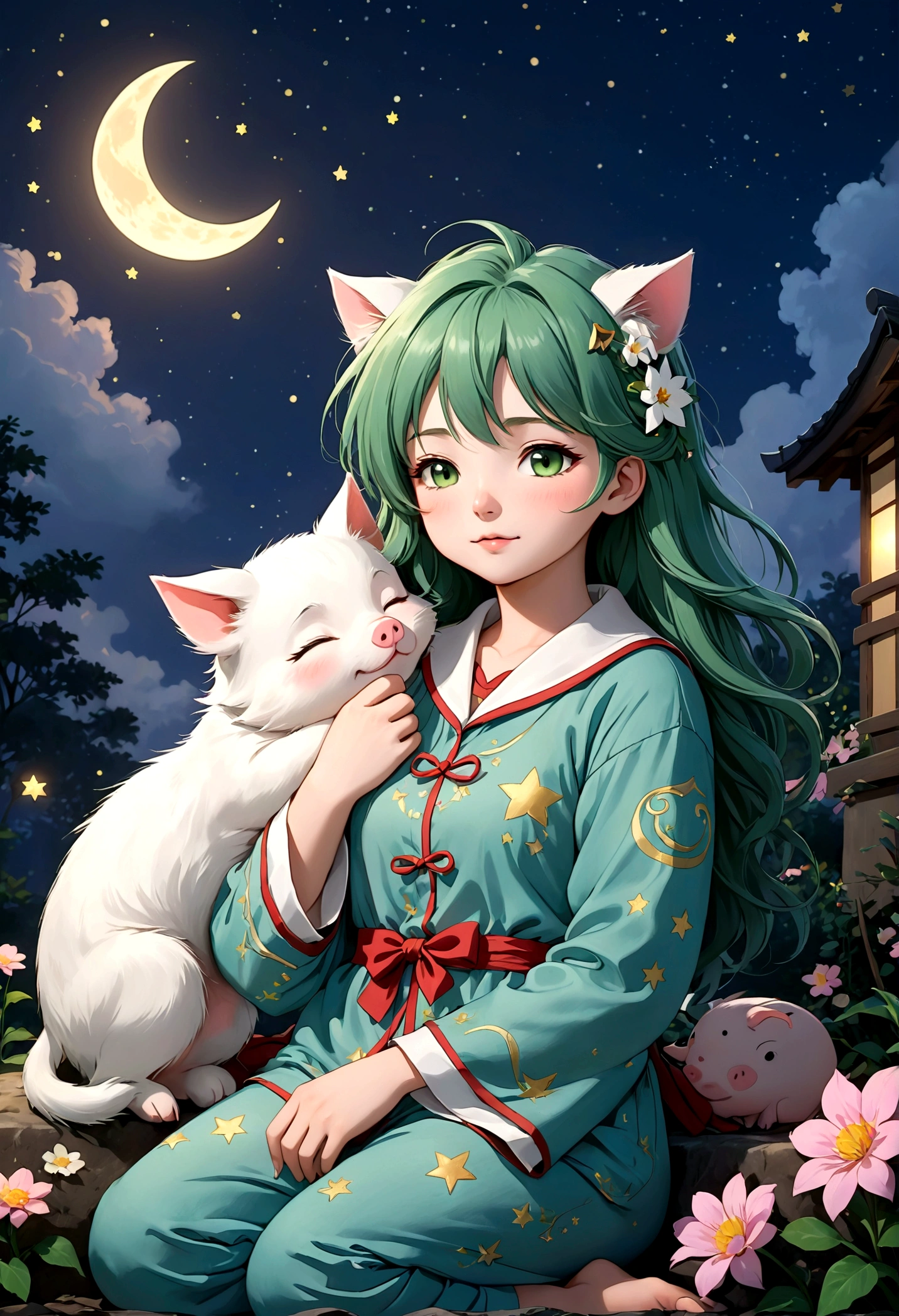 anime character,Woohoo,green hair,shirt collar,anime character,Woohoo,green hair,shirt collar, "In a magical nighttime setting illuminated by the soft glow of the crescent moon, a beautiful and cute girl is dozing off. She is seated cross-legged on the ground, surrounded by flowers, with her mouth slightly open in a serene expression of sleepiness. Dressed in pajama-style clothing, she adds to the dreamlike atmosphere, evoking a sense of soft warmth. Her hairstyle is delicately designed, and her hair color complements her overall appearance. Next to her, a cute white cat is also dozing off, sharing this tranquil moment. Beside the cat, a cute baby pig is also sleeping, adding to the scene's charm and warmth. All three are enveloped by a vibrant, yet softly toned, colorful sky filled with twinkling stars and a crescent moon, creating a peaceful and heartwarming atmosphere. Rendered in Japanese anime style, this updated scene aims to capture a moment of quiet beauty and magical essence, focusing on the harmonious slumber of the girl, the cat, and the baby pig amidst a magical nighttime setting.“