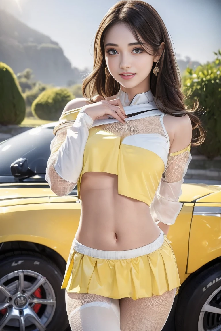 (((One-shoulder mesh girls outfit))),(((Dynamic pose))),(((Abdominal Peek))),(((Show lower chest ))),(((Yellow and white miniskirt lift))),(((Bare inner thighs))),(((Formula One racing car display))),Ulzzang-6500-v1.1, (Original photo:1.2), (Realistic:1.4), Beautiful and delicate girl, Very detailedな目と顔, Beautiful and delicate eyes,(Pale skin),  Very detailed, High resolution, highest quality,masterpiece, Very detailed, 8k wallpaper, wonderful, Fine details, highest quality, There is Light on the face,Light,One Girl,(car truck),Beautiful Eyes,smile,Open your mouth