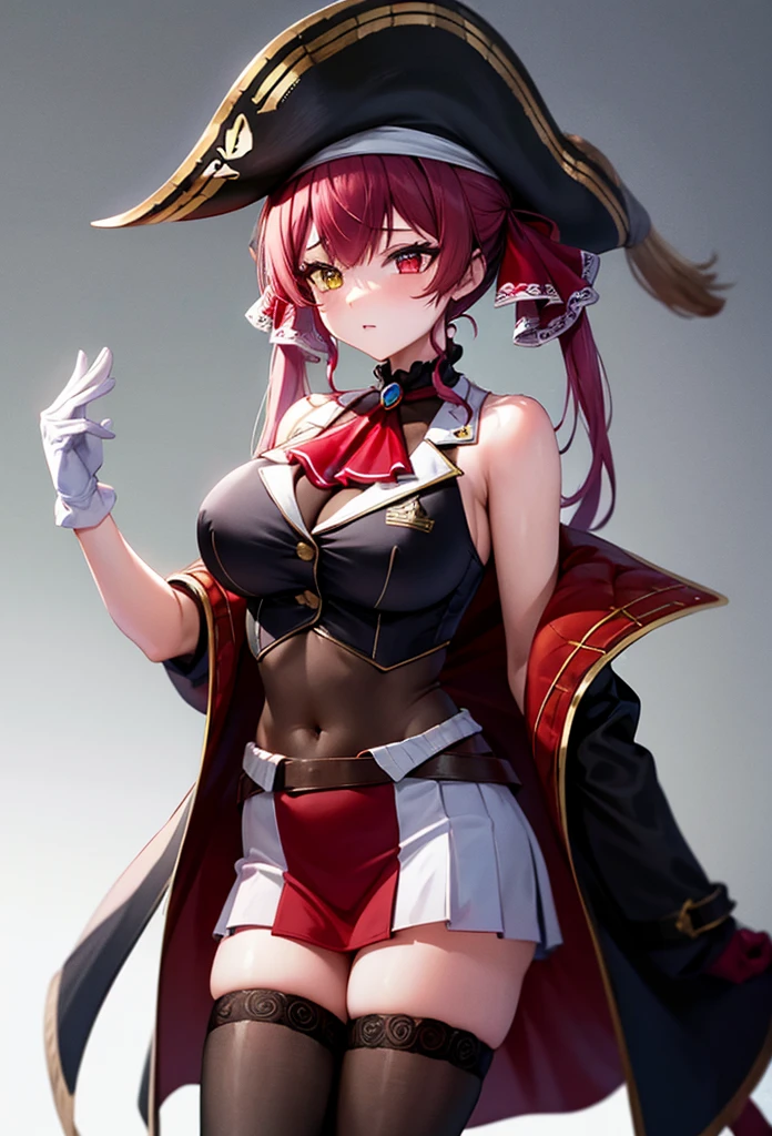 houshouBase, heterochromia, red eyes, yellow eyes, twintails, long purple hair, hair ribbon, large breasts, white gloves, frilled choker, red ascot, leotard, leotard under clothes, red jacket, cropped jacket, sleeveless jacket, black coat, off shoulder, bicorne, red skirt, miniskirt, leather belt, black thighhighs