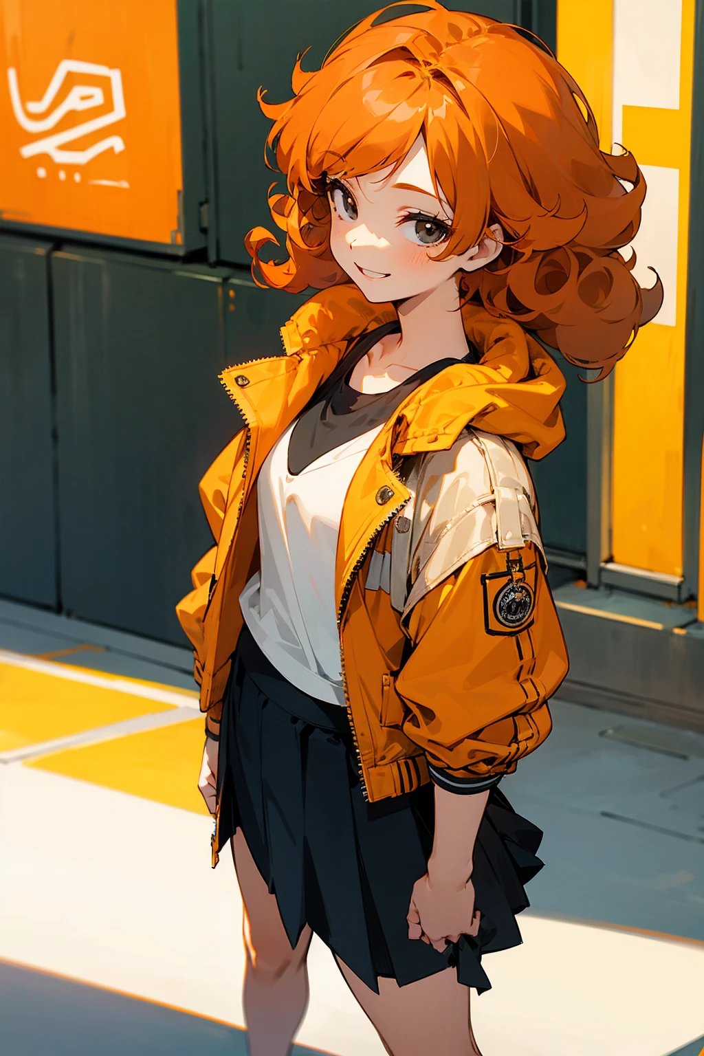 1female, orange hair, curly hair, black eyes, smiling, happy expression, casual clothing, skirt, tanktop, jacket, city background, detailed background, standing on path, hands to side