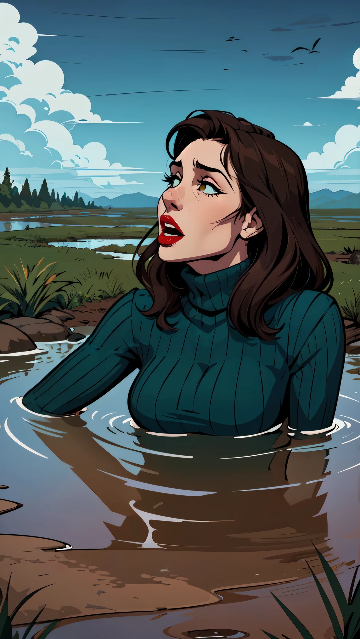 (vector:1.2), woman, gloomy orgasm, turtleneck and jeans, drowning in the middle of quicksand bog, green,red,sky, red lips, turns around