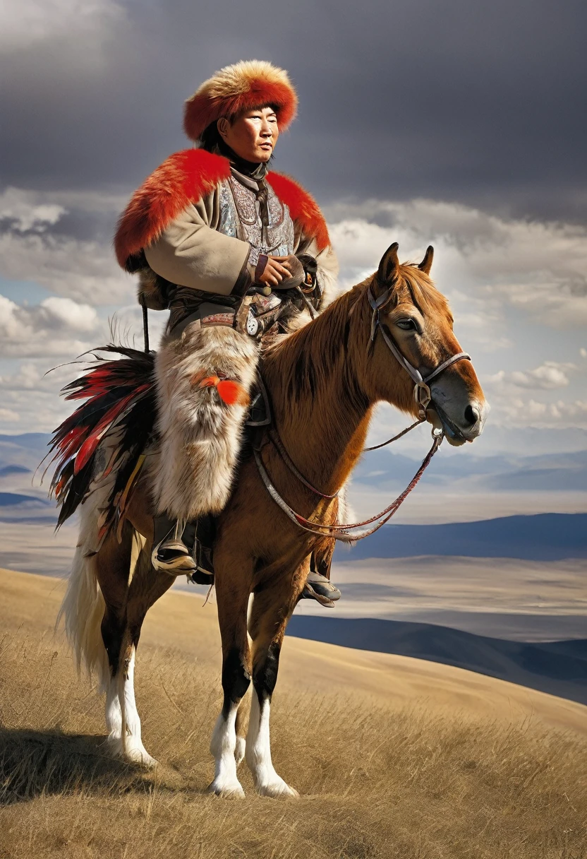 Mongol hunter, attired in a thick fur coat and hat crafted from animal pelts suitable for cold climates, is depicted. The coat is likely sheepskin, providing insulation, while the hat is adorned with distinctive red plumage. The hunter carries a large golden eagle, identifiable by its brown feathers and hooked beak, a bird revered in falconry. Mounted on a robust white horse, equipped with a richly decorated saddle and bridle, the hunter stands against a backdrop that initially featured sun rays piercing through dark clouds over mountains, which was then changed to a vast steppe landscape. This imagery encapsulates the cultural essence of Mongolia, where falconry, expert horseback riding, and specialized attire are historically intertwined.
