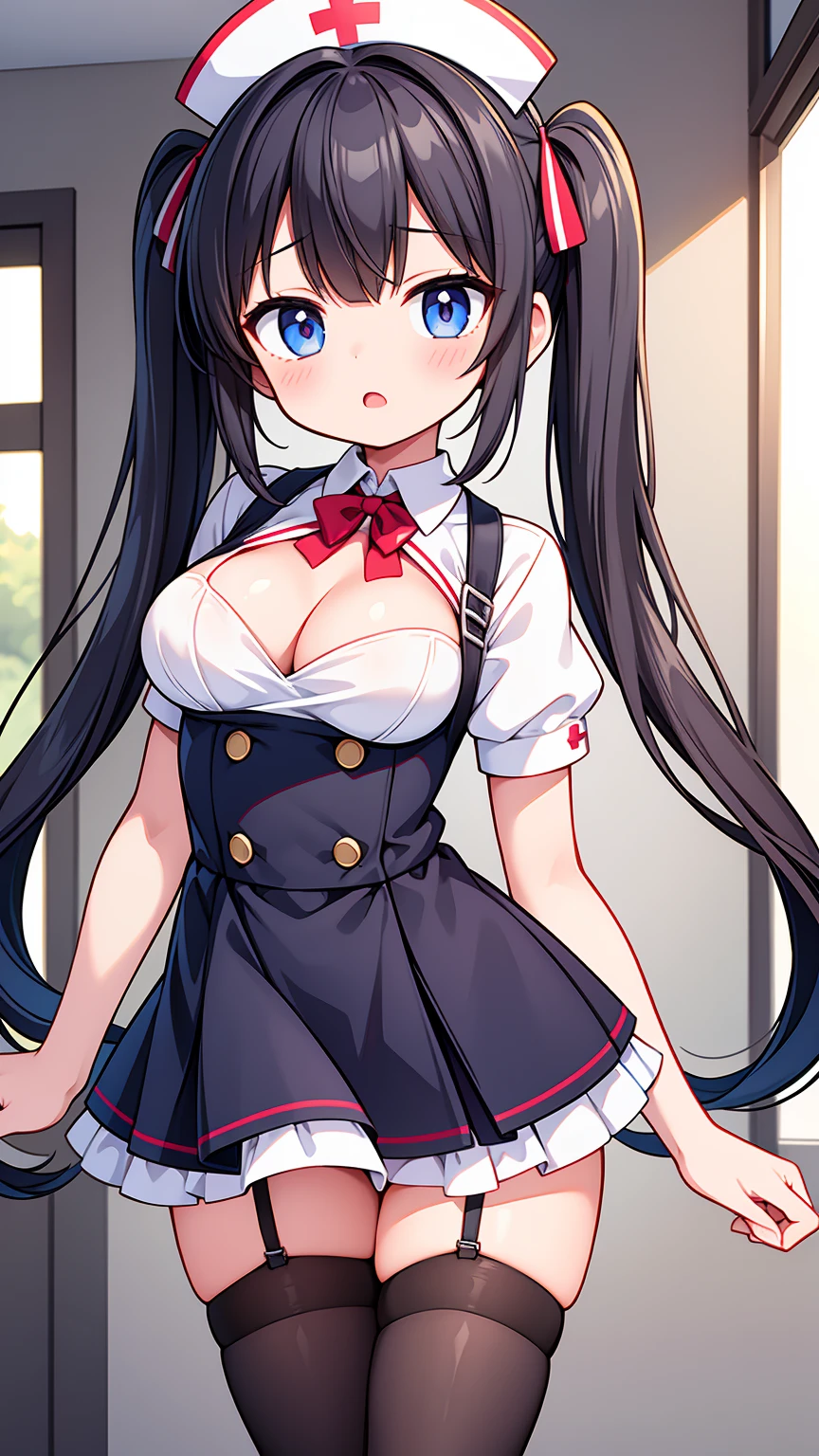 masterpiece, best image quality, ultra high resolution, (loli girl with flat breasts), twin tail hairstyle, black hair, red face, shyly, mock, Open your mouth just a little, (A short-sleeved white nurse uniform that shows the cleavage of a loli girl), (white thigh high socks for loli girls), well-shaped lower body, nurse cap, Inside the hospital, sexy nurse uniform