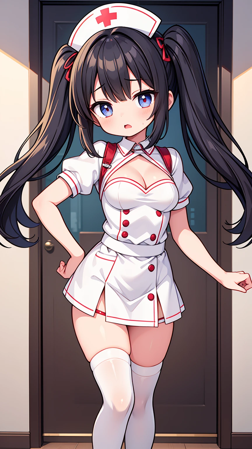 masterpiece, best image quality, ultra high resolution, (loli girl with flat breasts), twin tail hairstyle, black hair, red face, shyly, mock, Open your mouth just a little, (A short-sleeved white nurse uniform that shows the cleavage of a loli girl), (white thigh high socks for loli girls), well-shaped lower body, nurse cap, Inside the hospital, sexy nurse uniform