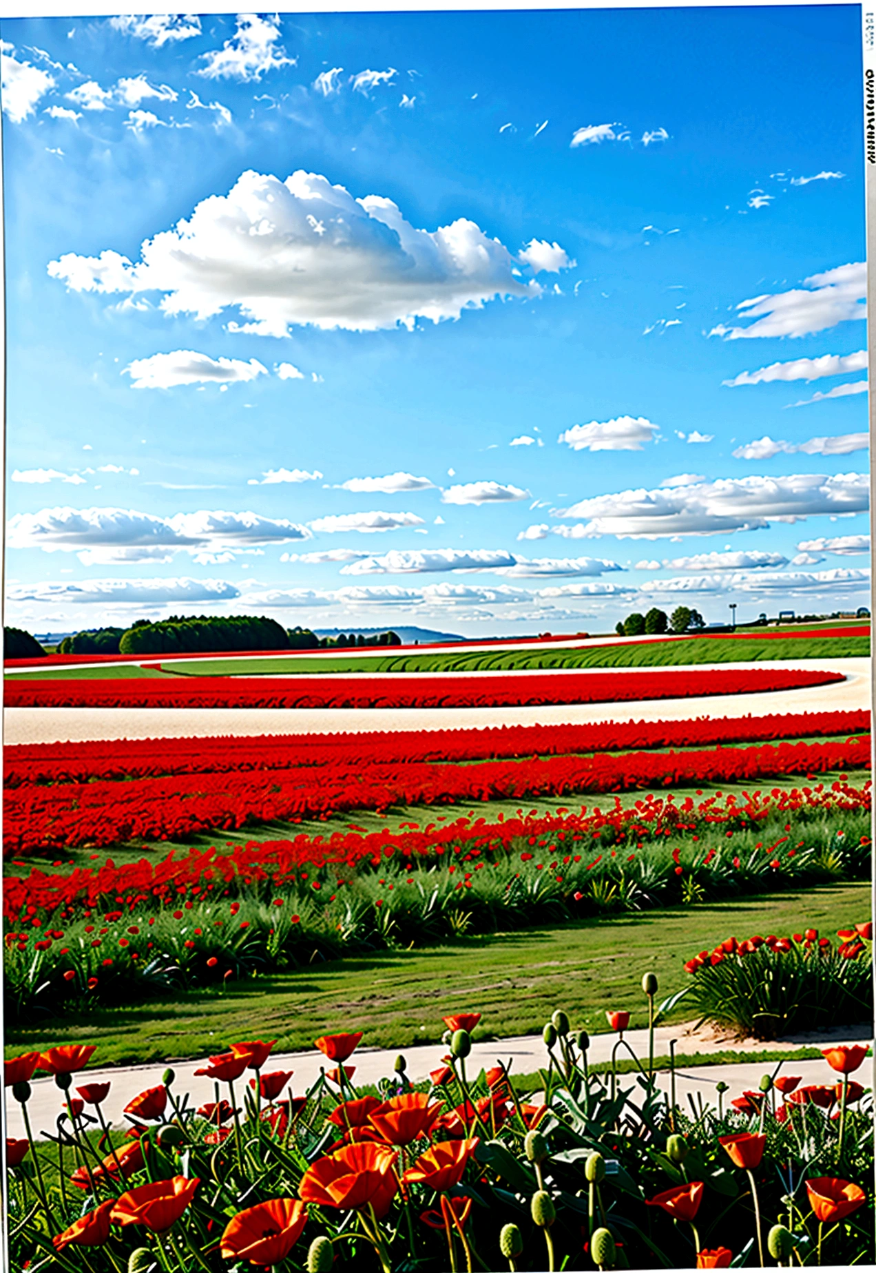 grey and white only, Book page coloring art, All-white background, Use only outlines, line art, coloring book, Clean line art, For coloring Simple and clean line art, coloring book page, perfect symmetric details, Field of Poppies: A vibrant field of red poppies stretching as far as the eye can see, with a clear blue sky and a few clouds.