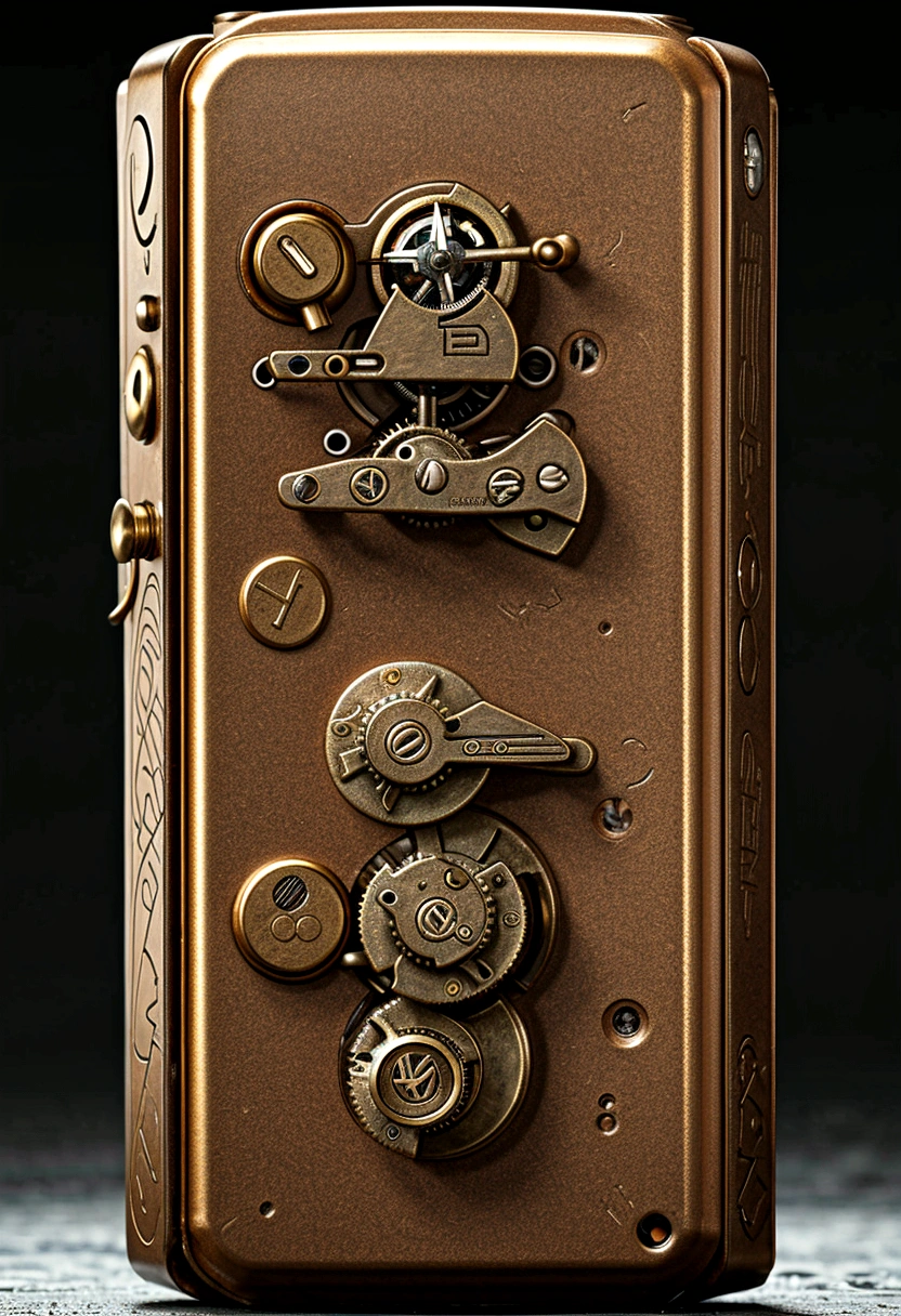 a mechanical stone combination lock in rpg style, 9 password dials, highly detailed, intricate gears, realistic materials, antique brass, worn and weathered, glowing runes, fantasy atmosphere, moody lighting, dramatic shadows