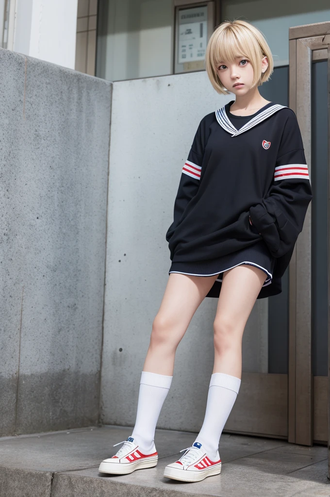 Masuwaka Tsubasa　blonde　short hair　loose socks　Sailor suit　腕にloose socks　Black checked miniskirt　Angry face