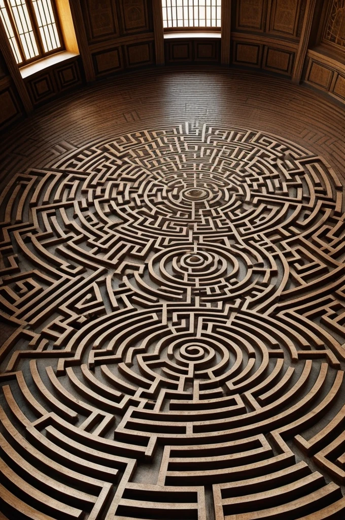 complex labyrinth where the paths are formed by open books with philosophical words and concepts.