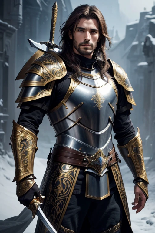8k,1 male,A man wearing gorgeous armor and holding a holy sword, Super handsome,Paladin,William H... Pongilppi, Arsen Lupin as Paladin, Vojtek Fuss, andreas rocha and john howe, Artgerm Craig Mullins, ArtgermとCraig Mullins, Full Armor Fantasy Holy Knight, Luxurious metal armor with detailed golden engravings on a white background、Attractive man in armour, Sylvain Salaira, Malepalazine,Beautiful expression,Delicate armor work,Ultra-Realistic Skin,超A high resolution,