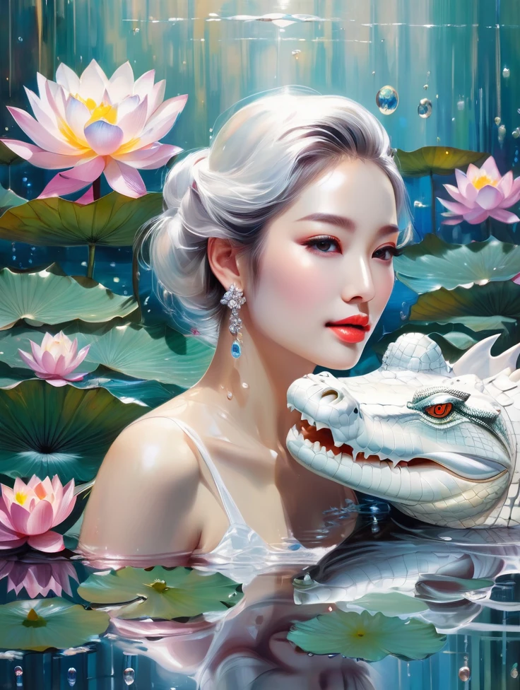 a pretty women, white crocodile, lake, lotus, Colorful colors, surrounded by water bubbles, in the style of Kawacy, Masterpiece, Oil painting drawn in realis style, head close - up, exaggerated perspective, Tyndall effect, water drops, mother - of - pearl iridescence, Holographic white,