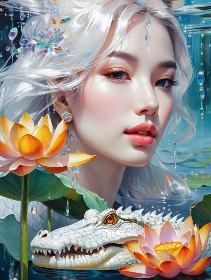 a pretty women, white crocodile, lake, lotus, Colorful colors, surrounded by water bubbles, in the style of Kawacy, Masterpiece, Oil painting drawn in realis style, head close - up, exaggerated perspective, Tyndall effect, water drops, mother - of - pearl iridescence, Holographic white,