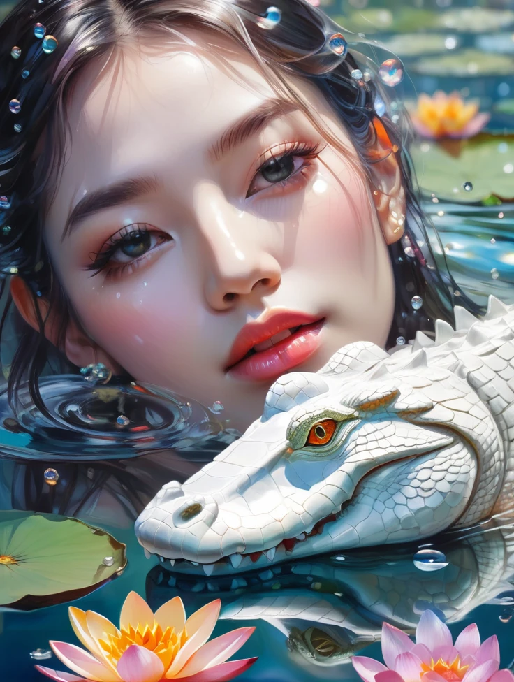 a pretty women, white crocodile, lake, lotus, Colorful colors, surrounded by water bubbles, in the style of Kawacy, Masterpiece, Oil painting drawn in realis style, head close - up, exaggerated perspective, Tyndall effect, water drops, mother - of - pearl iridescence, Holographic white,
