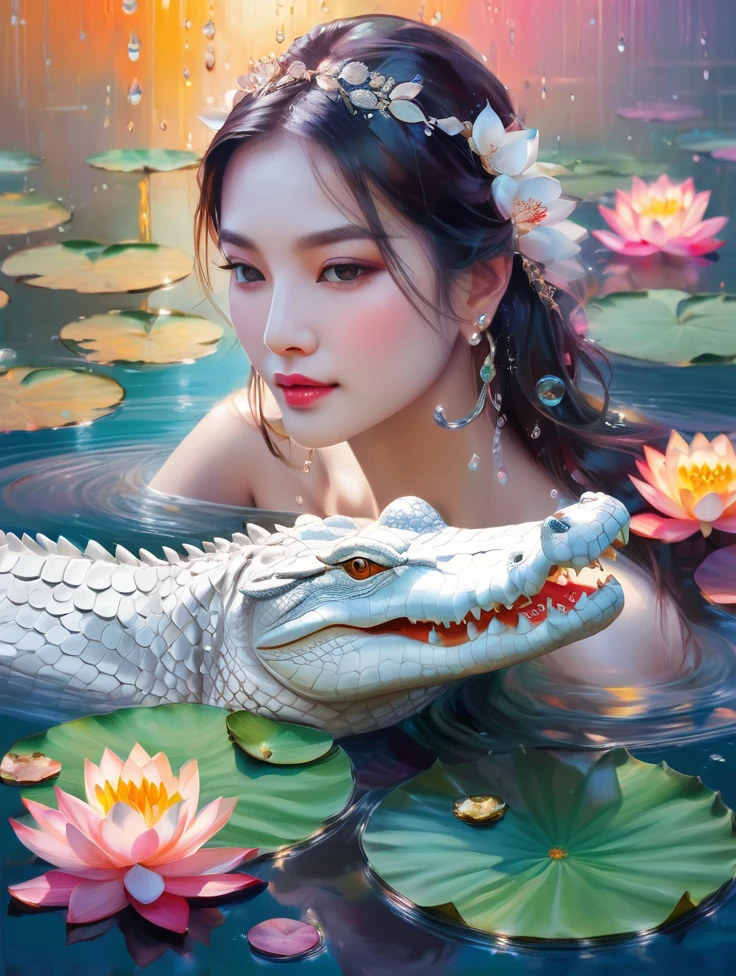 a pretty women, white crocodile, lake, lotus, Colorful colors, surrounded by water bubbles, in the style of Kawacy, Masterpiece, Oil painting drawn in realis style, head close - up, exaggerated perspective, Tyndall effect, water drops, mother - of - pearl iridescence, Holographic white,