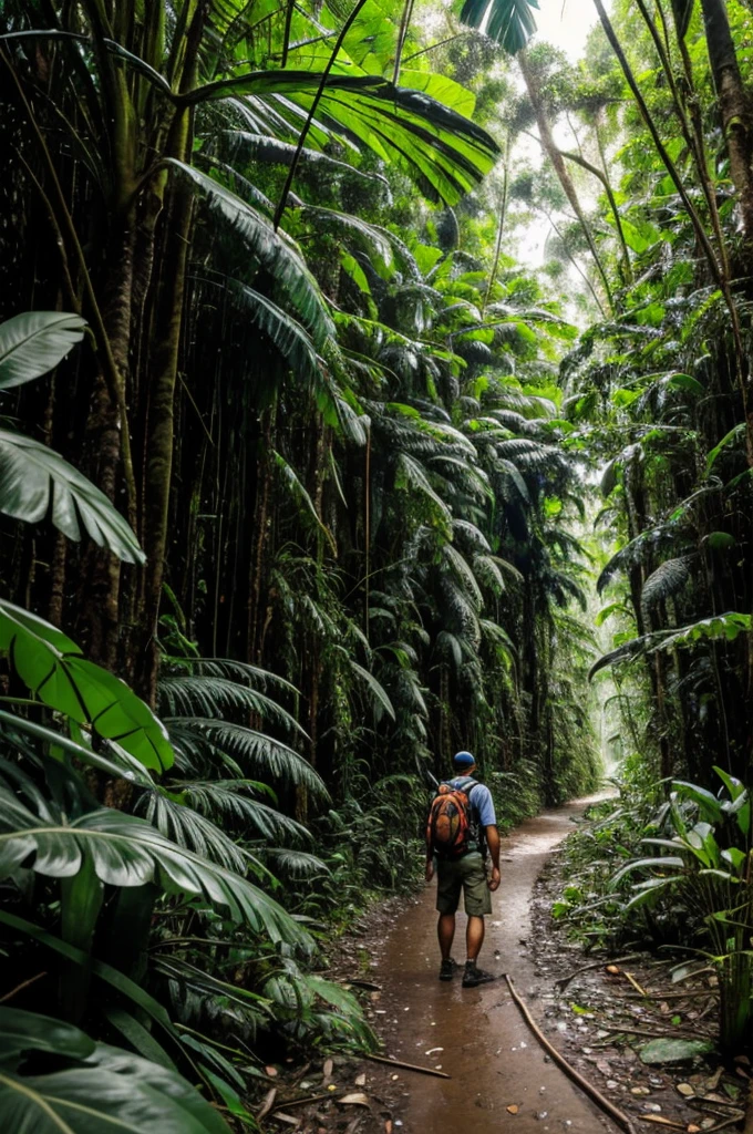 Amazon rainforest with poisonous species and an adventurous man trying to cross