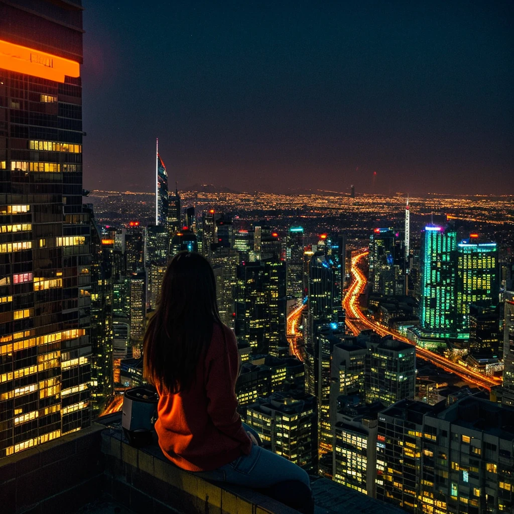 "Cityscape from dusk to night、The cityscape lit by streetlights and neon lights spreads out before your eyes.。Orange sunset visible between skyscrapers、A is sitting on a bench in the city、Gazing into the distance。The girl's long hair is fluttering in the wind、I'Carrying a backpack、A thin blanket and old books are scattered on the bench.。The library building can be seen nearby..、The tranquil atmosphere of the library。Skyscrapers lined up in the background、Street illuminated by neon lights。Car headlights illuminate the street、people々々Busy passing by.。The stars are beginning to shine in the sky、Based on the orange and pink of the sunset、夜のgreenと紫のトーンが混じる。Bright colors of neon lights(red、green、green, wait.)Used as an accent、The girl and the bench are illuminated by a warm light.。Overall loneliness and hope、The emotions swaying between dream and reality are expressed..、The strength hidden in silence、A fantastical atmosphere that gives a sense of hope for the future。"。", High resolution, masterpiece, Highest quality, Intricate details, Very detailed, Clear focus, Delicate skin, practical skin texture, texture, Delicate eyes, Professional, 4K, Shot with Canon, 85mm, Shallow and deep, Kodak Vision Color, that's right, Very detailed, photograph_\(Extremist\), photographpractical, practical, Post-processing, Maximum details, Roughness, Real Life, Extremist practical, Photorealism, photographgraphy, 8K Ultra HD, photographgraphy