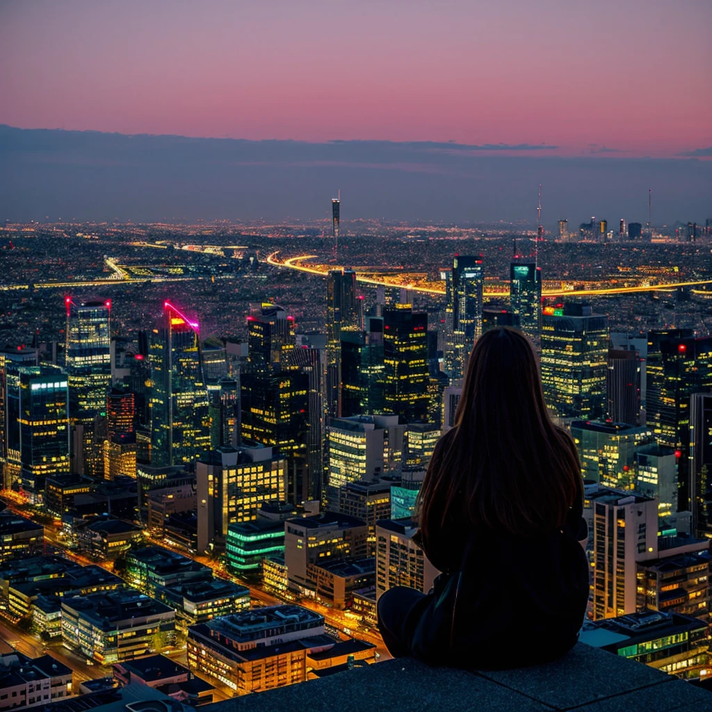 "Cityscape from dusk to night、Streets lit by streetlights and neon lights spread out before you。An orange sunset can be seen between the skyscrapers、A 16-year-old girl sits on a bench in the city、Gazing into the distance。The girl has long hair blowing in the wind、I'm carrying a backpack on my back、A thin blanket and old books are scattered on the bench.。The library building can be seen nearby.、The peaceful atmosphere of the library。Skyscrapers lined up in the background、A street lit by neon lights。Car headlights illuminate the street、people々are busily passing by.。The stars are beginning to twinkle in the sky、Based on the orange and pink of the sunset、夜のgreenと紫のトーンが混じる。Bright colors of neon lights(red、green、green, etc.)is used as an accent、The girl and the bench are illuminated by a warm light.。Overall loneliness and hope、The emotions that fluctuate between dreams and reality are expressed.、The strength hidden in silence、A fantastical atmosphere that gives a sense of hope for the future。"。", High resolution, masterpiece, highest quality, Intricate details, Very detailed, Clear focus, Delicate skin, practical skin texture, texture, Delicate eyes, Professional, 4K, Shot with Canon, 85mm, Shallow and deep, Kodak Vision Color, Exactly, Very detailed, photograph_\(Extremist\), photographpractical, practical, Post-processing, Maximum details, Roughness, Real Life, Extremist practical, Photorealism, photographgraphy, 8K Ultra HD, photographgraphy