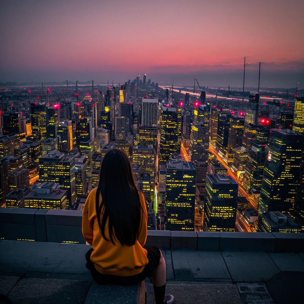 "Cityscape from dusk to night、Streets lit by streetlights and neon lights spread out before you。An orange sunset can be seen between the skyscrapers、A 16-year-old girl sits on a bench in the city、Gazing into the distance。The girl has long hair blowing in the wind、I'm carrying a backpack on my back、A thin blanket and old books are scattered on the bench.。The library building can be seen nearby.、The peaceful atmosphere of the library。Skyscrapers lined up in the background、A street lit by neon lights。Car headlights illuminate the street、people々are busily passing by.。The stars are beginning to twinkle in the sky、Based on the orange and pink of the sunset、夜のgreenと紫のトーンが混じる。Bright colors of neon lights(red、green、green, etc.)is used as an accent、The girl and the bench are illuminated by a warm light.。Overall loneliness and hope、The emotions that fluctuate between dreams and reality are expressed.、The strength hidden in silence、A fantastical atmosphere that gives a sense of hope for the future。"。", High resolution, masterpiece, highest quality, Intricate details, Very detailed, Clear focus, Delicate skin, practical skin texture, texture, Delicate eyes, Professional, 4K, Shot with Canon, 85mm, Shallow and deep, Kodak Vision Color, Exactly, Very detailed, photograph_\(Extremist\), photographpractical, practical, Post-processing, Maximum details, Roughness, Real Life, Extremist practical, Photorealism, photographgraphy, 8K Ultra HD, photographgraphy
