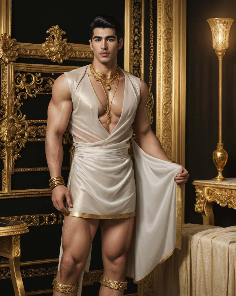 extremely handsome arabia  man, not too muscular, short black  hair, his lithe body barely covered with shimmering gold and white transparent cloths, exposed chest, exposed legs, chunky gold and ruby statement necklace, gold armbands on his biceps, gold filigreed gauntlets on his forearms, an intricate gold band on his upper thigh, golden anklet, standing in ornate silk cushions,  (best quality,4k,8k,highres,masterpiece:1.2),ultra-detailed,(realistic,photorealistic,photo-realistic:1.37)classy,confident, soft warm lights,vibrant,