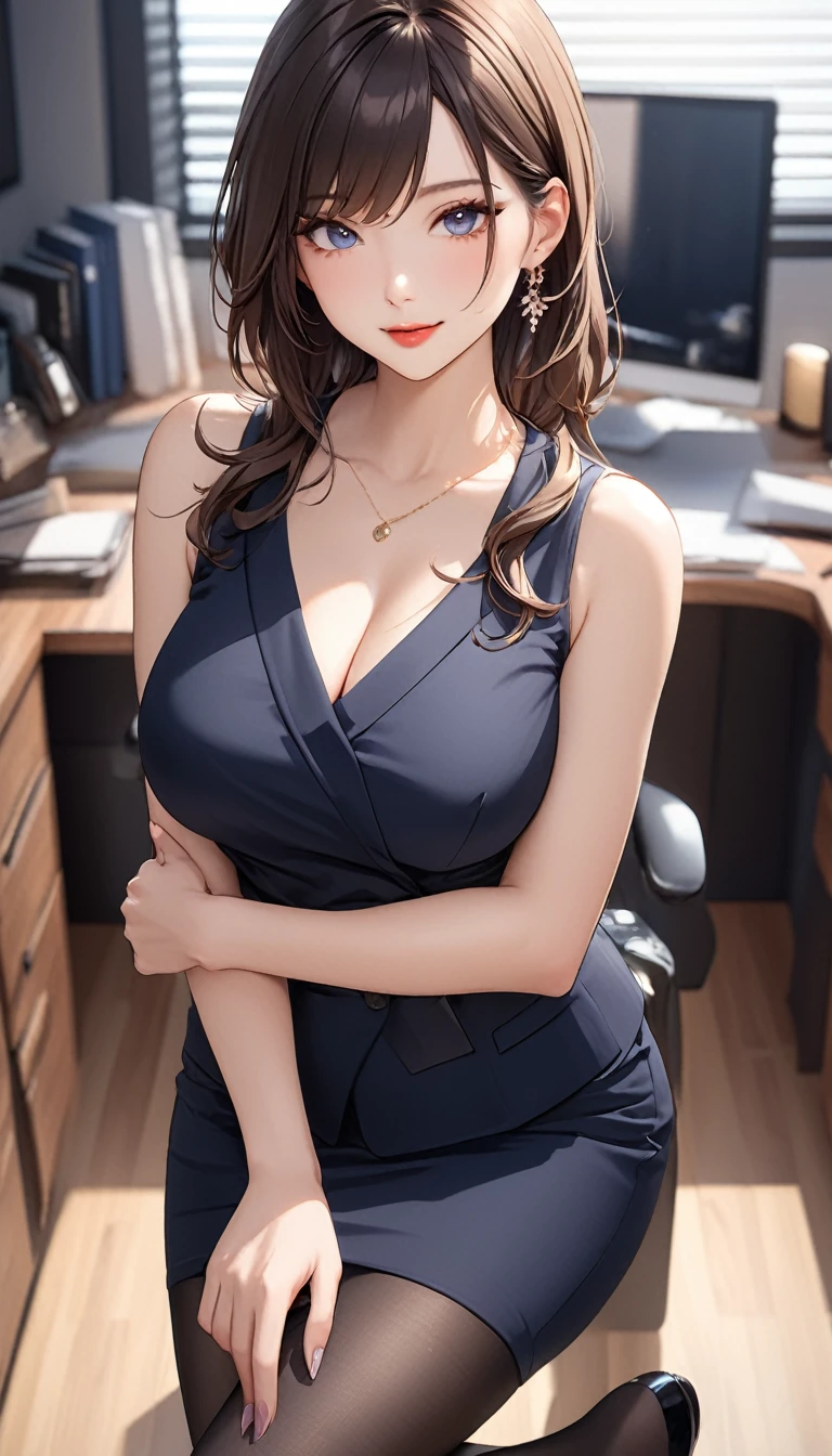 (((masterpiece))),(((High resolution)))、(((8K quality)))、(((perfect face)))、(((Beautiful office woman))), ((sleeveless)), tights, skirt, look at the camera, ((top quality eyes)), detailed face, (detailed texture), look at the camera, big，cleavage，lipstick，Smile
