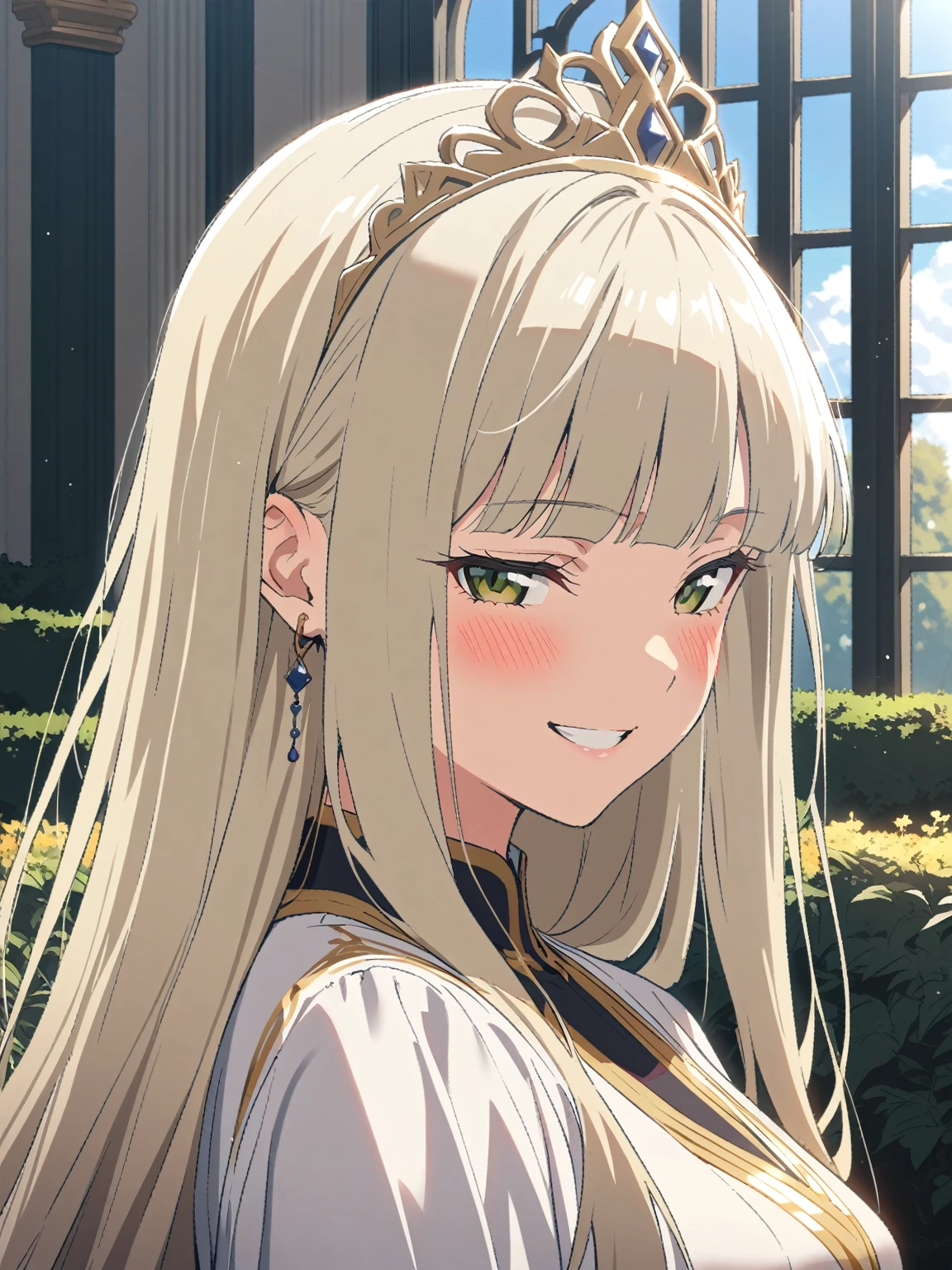 {{portrait, face focus}} {{Artist: Sincos}} 1 woman, solo, mature female, elegant, princess, medium breasts, platinum blonde hair, long hair, straight hair, hime cut, green eyes, white dress, gold trim, tiara, looking at viewer, blush, bright smile, teeth, half-closed eyes, outdoors, garden, palace, sunny, window.
