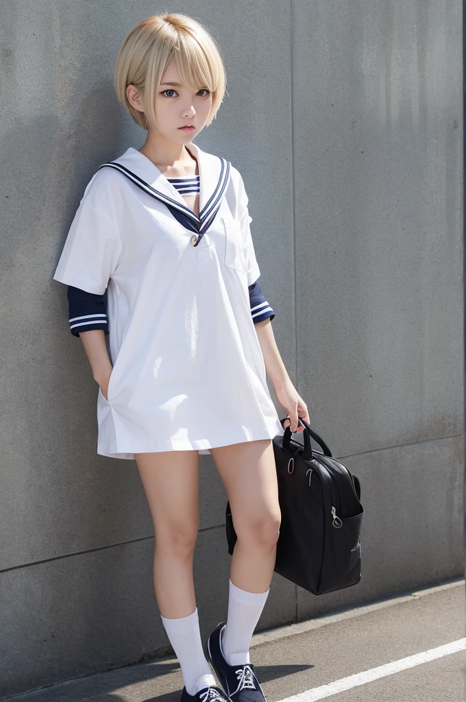 Masuwaka Tsubasa　blonde　short hair　loose socks　Sailor suit　腕にloose socks　Black checked miniskirt　Angry face