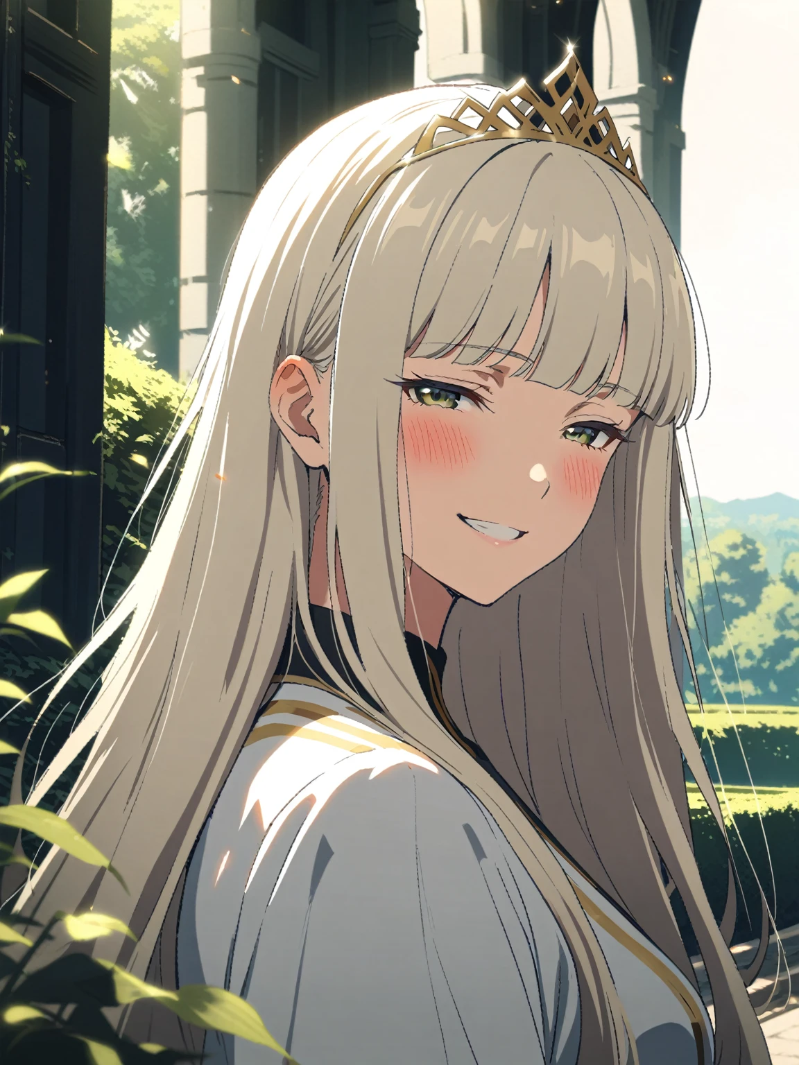 {{portrait, face focus}} {{Artist: Sincos}} 1 woman, solo, mature female, elegant, princess, medium breasts, platinum blonde hair, long hair, straight hair, hime cut, green eyes, white dress, gold trim, tiara, looking at viewer, blush, bright smile, teeth, half-closed eyes, outdoors, garden, palace, sunny, window.