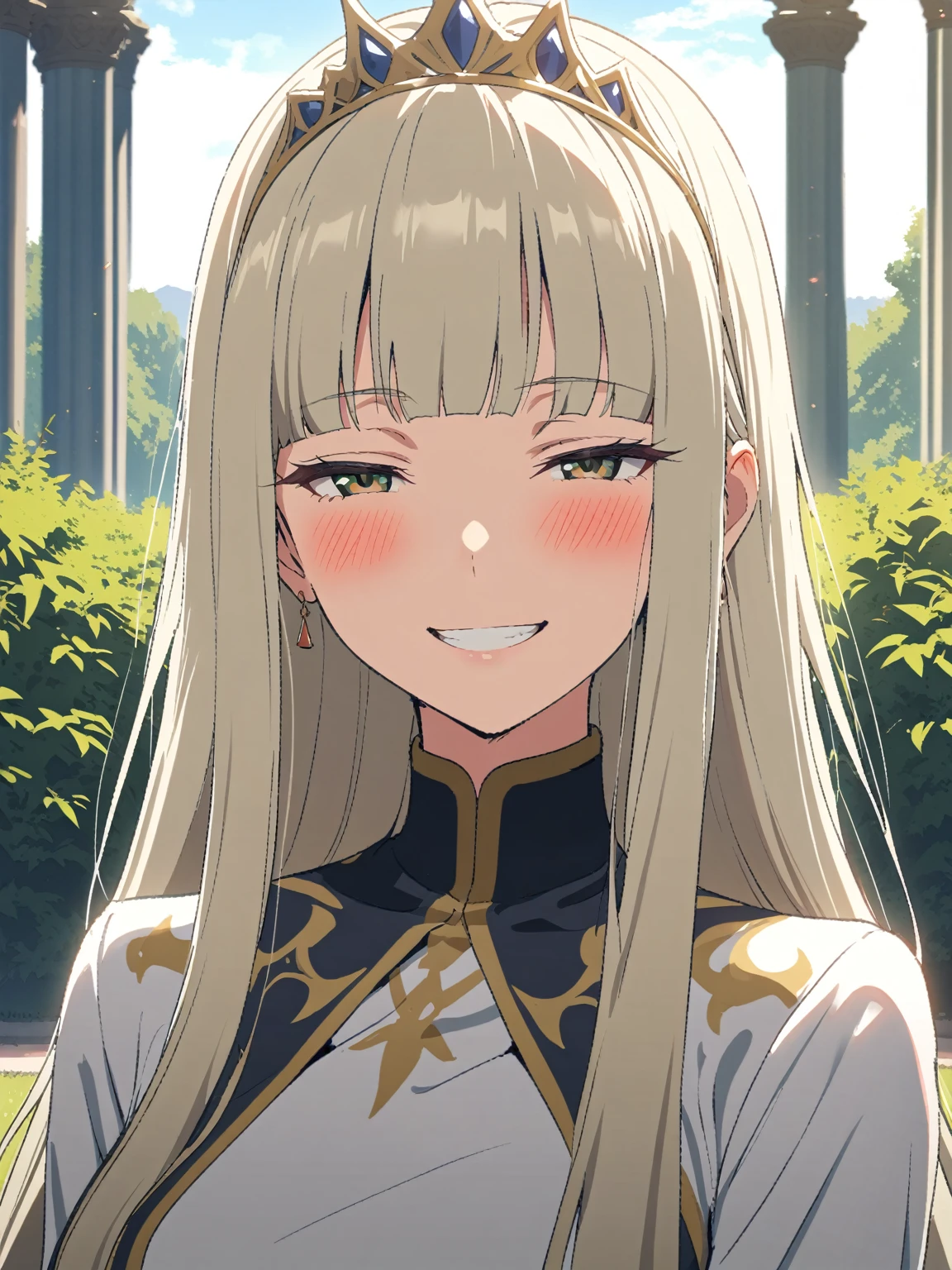 {{portrait, face focus}} {{Artist: Sincos}} 1 woman, solo, mature female, elegant, princess, medium breasts, platinum blonde hair, long hair, straight hair, hime cut, green eyes, white dress, gold trim, tiara, looking at viewer, blush, bright smile, teeth, half-closed eyes, outdoors, garden, palace, sunny, window.

