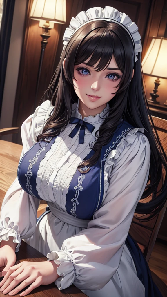 NFSW, Beautiful detailed portrait of a girl with big eyes, Fuller lips, Smiling Kindly, Long eyelashes,  Maid clothesを着て, tihn fabric clothing, In sensual poses, (highest quality,4K,8k,High resolution,masterpiece:1.2),Super detailed,(Realistic,photoRealistic,photo-Realistic:1.37),Highly detailed face, Maid clothes, Intricate details, Vibrant colors, Dramatic lighting, Structure of the film, Anime-inspired art style