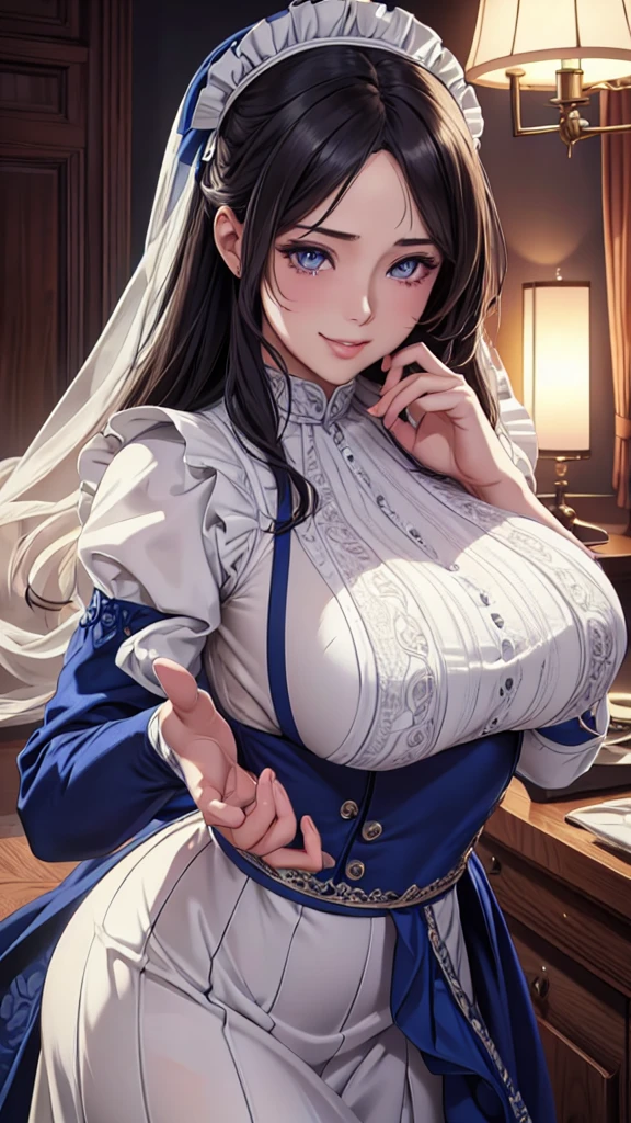 NFSW, Beautiful detailed portrait of a girl with big eyes, Fuller lips, Smiling Kindly, Long eyelashes,  Maid clothesを着て, tihn fabric clothing, In sensual poses, (highest quality,4K,8k,High resolution,masterpiece:1.2),Super detailed,(Realistic,photoRealistic,photo-Realistic:1.37),Highly detailed face, Maid clothes, Intricate details, Vibrant colors, Dramatic lighting, Structure of the film, Anime-inspired art style