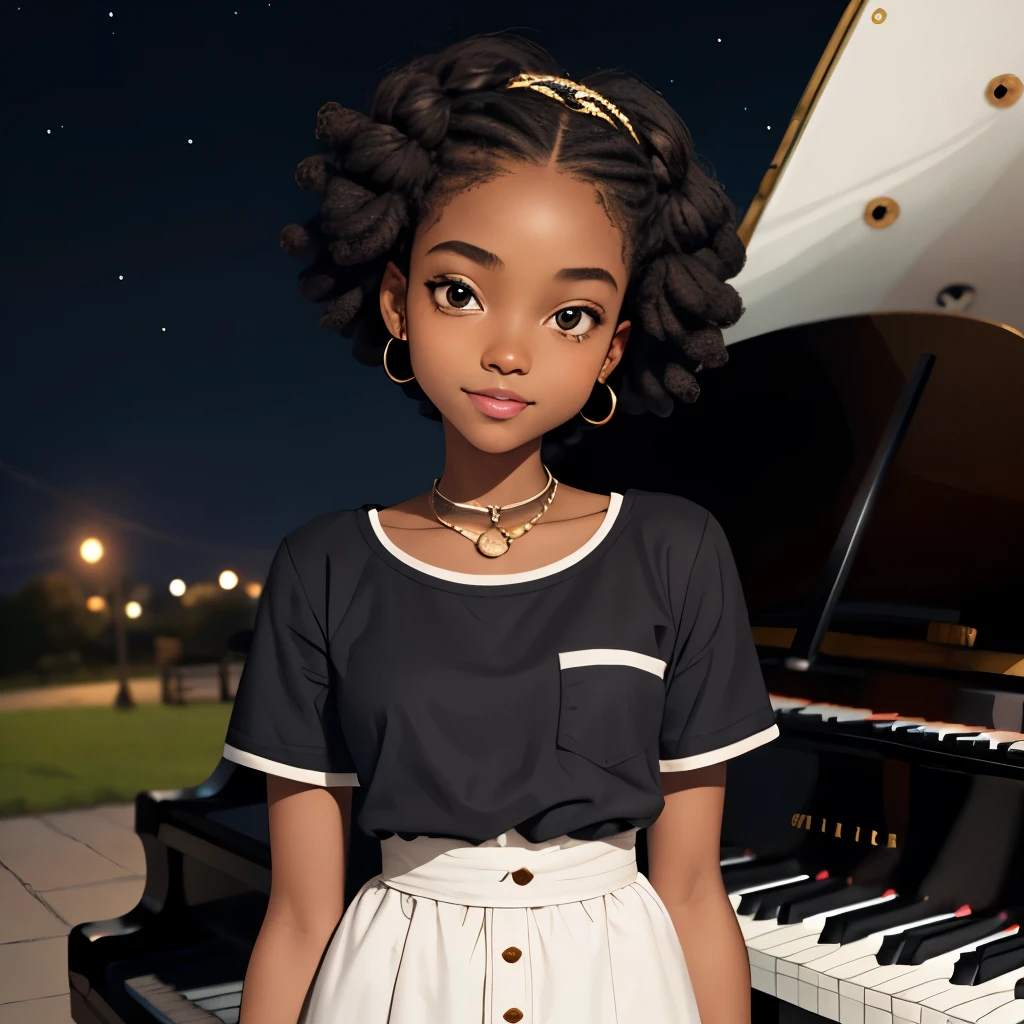 masterpiece, best quality), deep ebony 1girl, beautiful face, short Afro braids , cute, , beautify, Lofi vibe,, cute night vibe, concentrated, hands outside of the picture, Christian ,church vibe , smart whitebclothing, cute look, clothing is dry and baggy, small breasts, teen vibe, cute smile, sat next to a piano, hands on her pocket