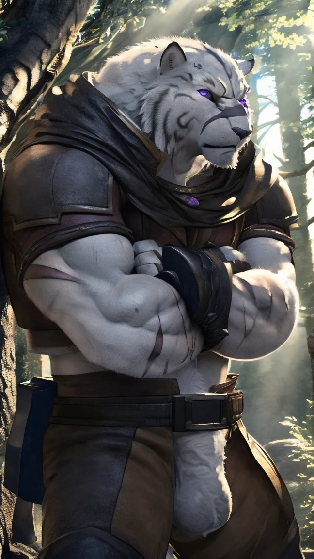 Mercenary, in the light. 4k, high resolution, best quality, perfect colors, perfect shadows, perfect lighting, posted on e621, furry body, solo, man, adult, bare chest, male, (very muscular, Grey-White, heavyweight, strong chest:1.2) , correct anatomy, (photorealistic fur, detailed fur, epic, masterpiece: 1.2), (background of a light fantasy world, trees, black sky, day, cold), (author Taran Skripach, author Chuni, author Traver009, author wfa:1.1) , (nudity: 1.2), (detailed eyes, purple eyes: 1.2), (half body: 1.1), serious face, strong posture, (large scars on the body, scars on the face: 1.1), visible breathing, erect penis, big penis, big penis, (veins, vessels: 1,2), proud, soft shadows, (crossed arms: 1,2), look at viewer, dirty fur, rough