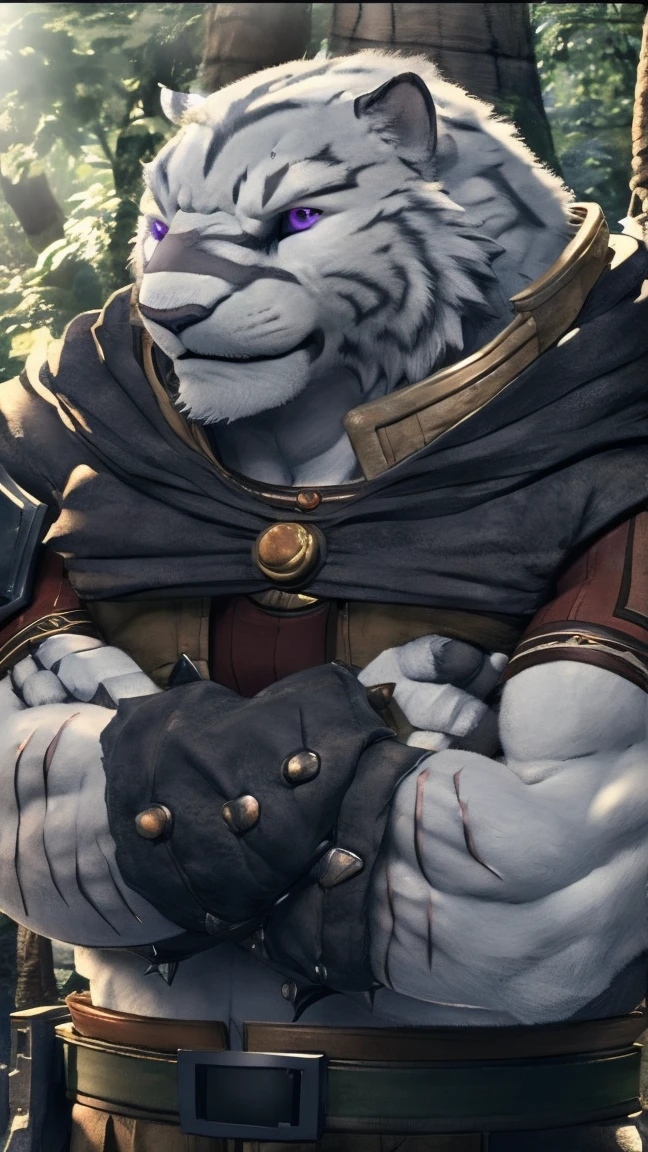 Mercenary, in the light. 4k, high resolution, best quality, perfect colors, perfect shadows, perfect lighting, posted on e621, furry body, solo, man, adult, bare chest, male, (very muscular, Grey-White, heavyweight, strong chest:1.2) , correct anatomy, (photorealistic fur, detailed fur, epic, masterpiece: 1.2), (background of a light fantasy world, trees, black sky, day, cold), (author Taran Skripach, author Chuni, author Traver009, author wfa:1.1) , (nudity: 1.2), (detailed eyes, purple eyes: 1.2), (half body: 1.1), serious face, strong posture, (large scars on the body, scars on the face: 1.1), visible breathing, erect penis, big penis, big penis, (veins, vessels: 1,2), proud, soft shadows, (crossed arms: 1,2), look at viewer, dirty fur, rough