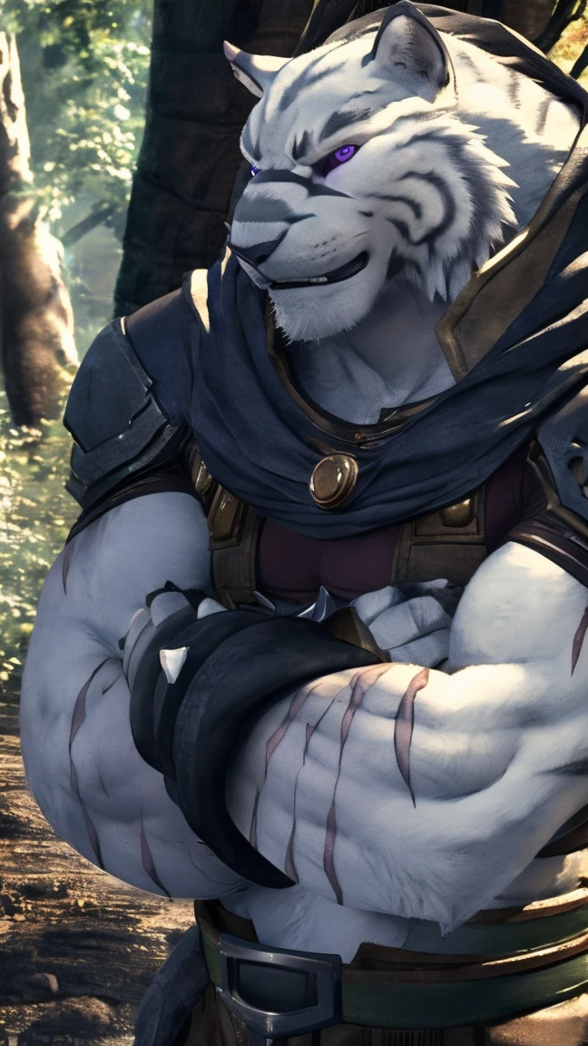 Mercenary, in the light. 4k, high resolution, best quality, perfect colors, perfect shadows, perfect lighting, posted on e621, furry body, solo, man, adult, bare chest, male, (very muscular, Grey-White, heavyweight, strong chest:1.2) , correct anatomy, (photorealistic fur, detailed fur, epic, masterpiece: 1.2), (background of a light fantasy world, trees, black sky, day, cold), (author Taran Skripach, author Chuni, author Traver009, author wfa:1.1) , (nudity: 1.2), (detailed eyes, purple eyes: 1.2), (half body: 1.1), serious face, strong posture, (large scars on the body, scars on the face: 1.1), visible breathing, erect penis, big penis, big penis, (veins, vessels: 1,2), proud, soft shadows, (crossed arms: 1,2), look at viewer, dirty fur, rough