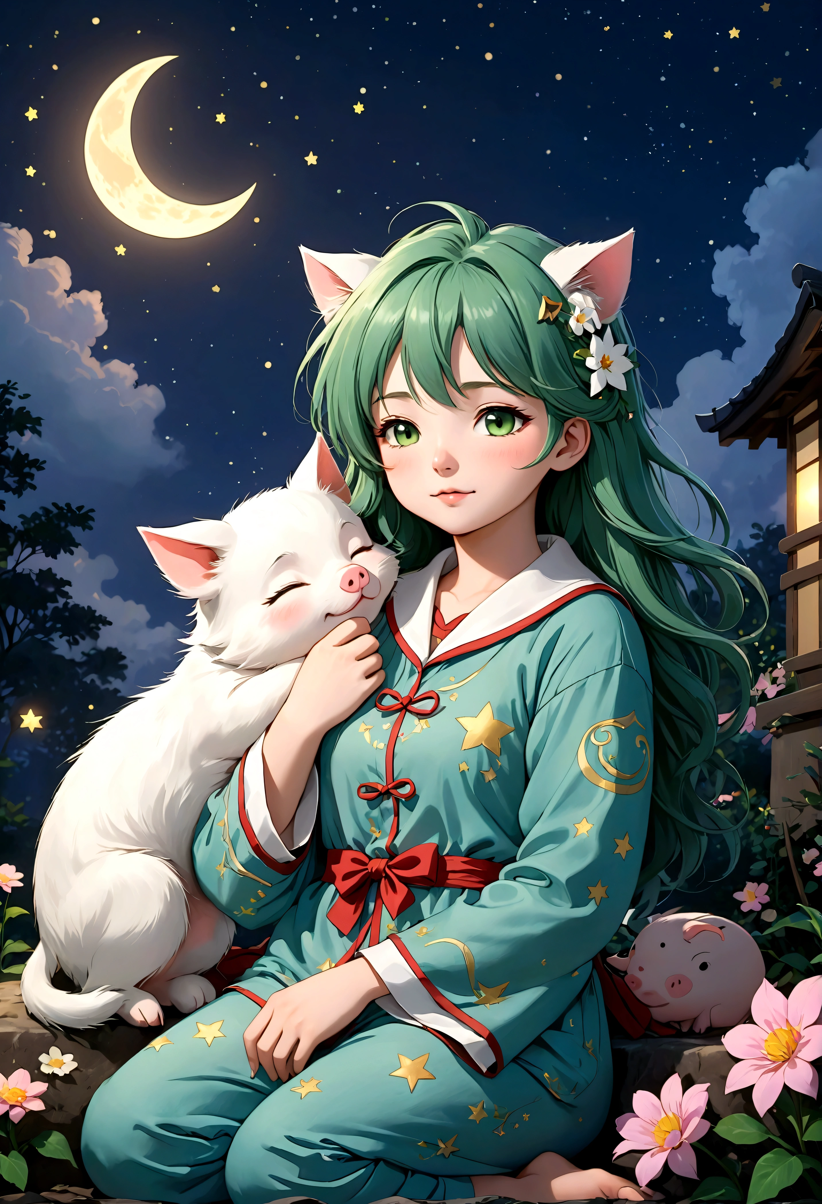 anime character,Woohoo,green hair,shirt collar,anime character,Woohoo,green hair,shirt collar, "In a magical nighttime setting illuminated by the soft glow of the crescent moon, a beautiful and cute girl is dozing off. She is seated cross-legged on the ground, surrounded by flowers, with her mouth slightly open in a serene expression of sleepiness. Dressed in pajama-style clothing, she adds to the dreamlike atmosphere, evoking a sense of soft warmth. Her hairstyle is delicately designed, and her hair color complements her overall appearance. Next to her, a cute white cat is also dozing off, sharing this tranquil moment. Beside the cat, a cute baby pig is also sleeping, adding to the scene's charm and warmth. All three are enveloped by a vibrant, yet softly toned, colorful sky filled with twinkling stars and a crescent moon, creating a peaceful and heartwarming atmosphere. Rendered in Japanese anime style, this updated scene aims to capture a moment of quiet beauty and magical essence, focusing on the harmonious slumber of the girl, the cat, and the baby pig amidst a magical nighttime setting.“