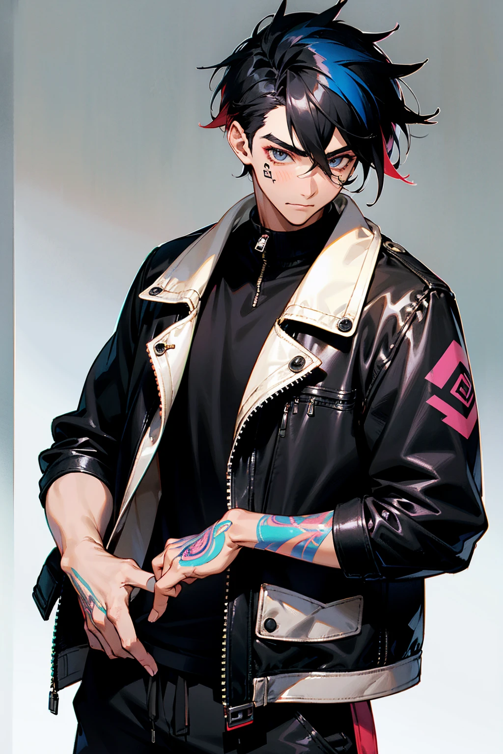 1male, black hair, multi colored hair, gradient hair, casual clothing, leather jacket, neck tattoos, joggers, bar background, detailed background