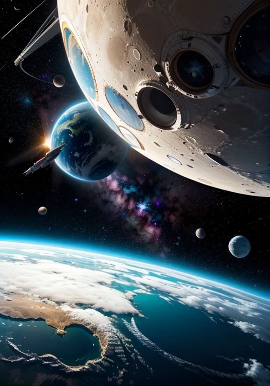8k、Space、Watching the Earth rise from the moon、Comet to the upper left of the Earth、Spaceship heading to Earth