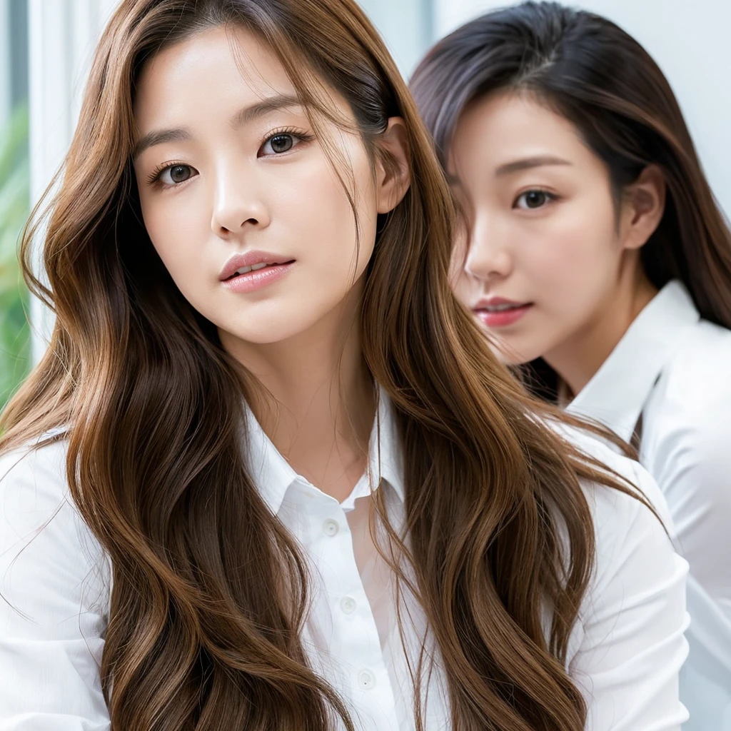 Han Julie is a young Korean woman in her 30s. Her hair is long and wavy in a dark blonde colors.
Her face is oval and marked by her large brown eyes, which carry a cold, unexpressive face. Her skin is radiant and clear, presenting an impeccable state of health and her curved lips.
Her height is medium, her body athletic and defined, with the most charming and provocative. It contrasts and matches their personalities.
She is in her office at the company wearing a navy jeans and white shirt.