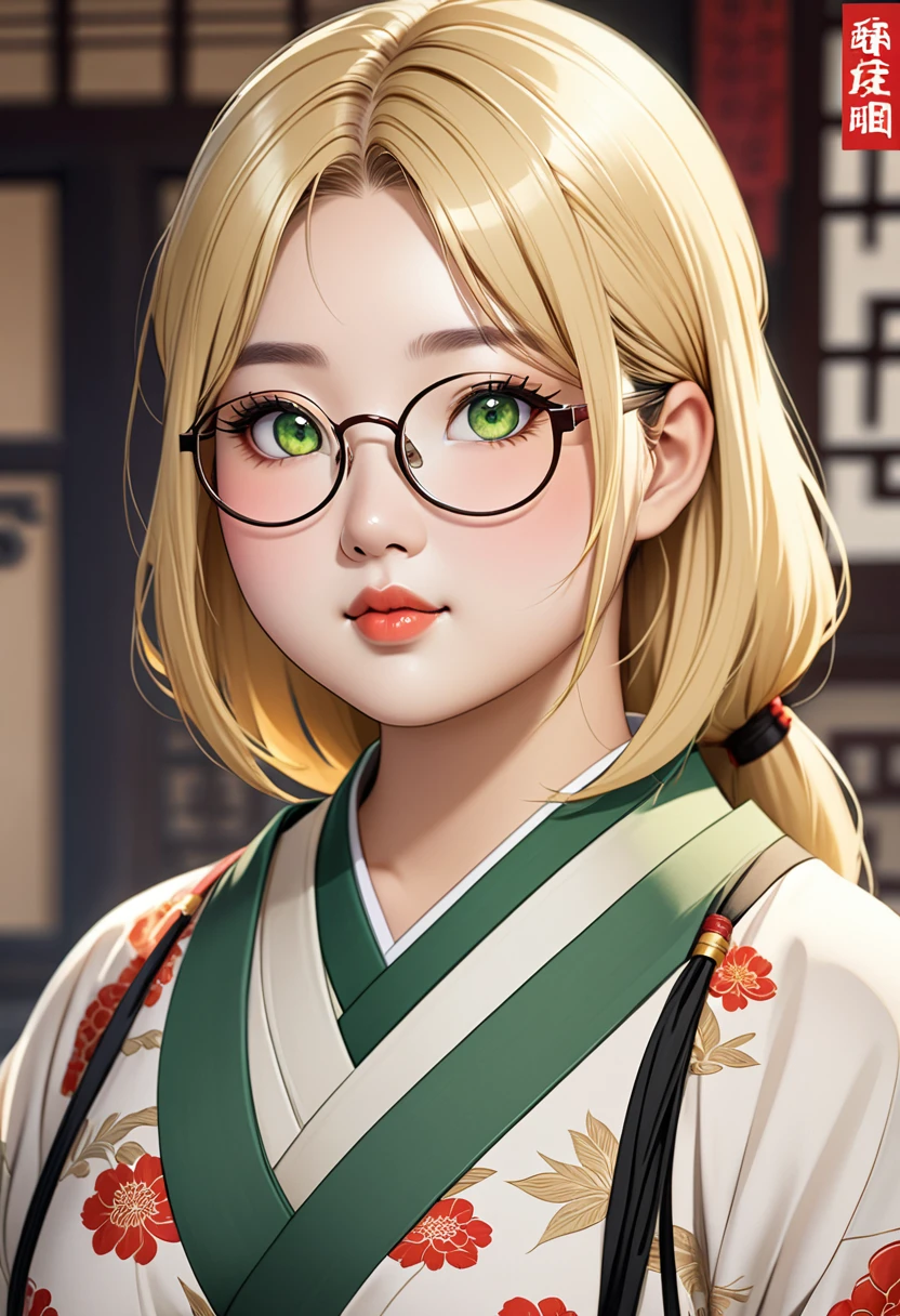 chubby girl, Blonde with green eyes, hair just above shoulders without bangs, round facial features, glasses ancient asian style of clothing, ancient china style