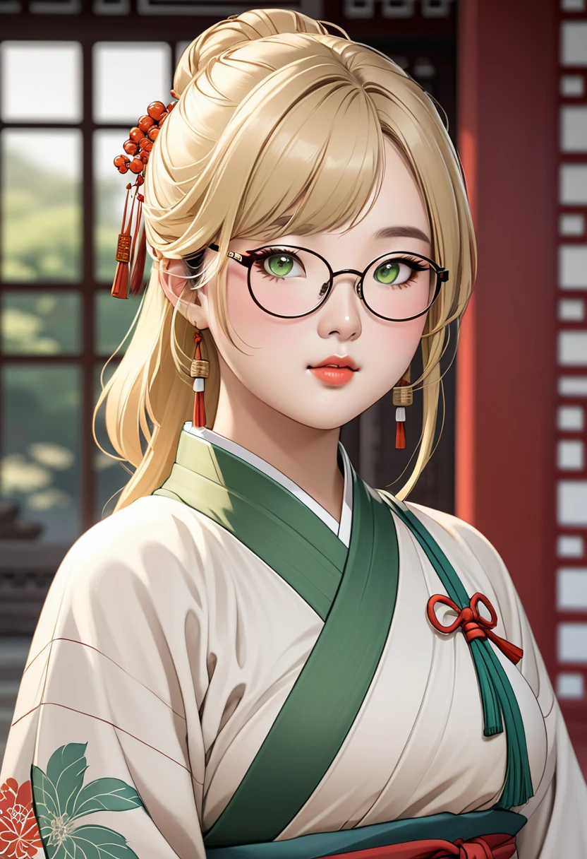 chubby girl, Blonde with green eyes, hair just above shoulders without bangs, round facial features, glasses ancient asian style of clothing, ancient china style