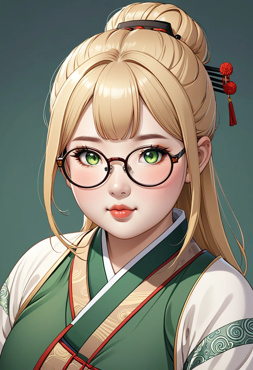 chubby girl, Blonde with green eyes, hair just above shoulders without bangs, round facial features, glasses ancient asian style of clothing, ancient china style