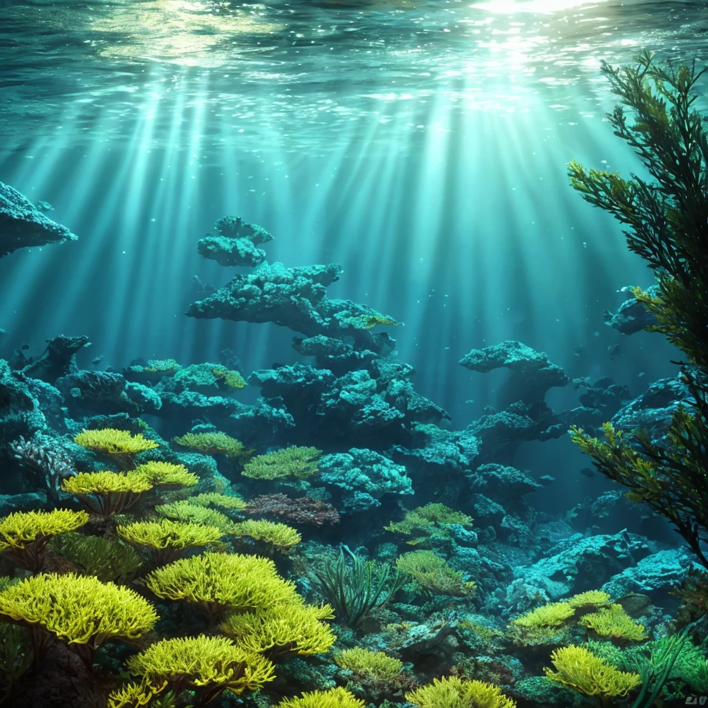 a dark underwater ocean scene, detailed 3d rendering, bioluminescent creatures, dark kelp forest, sunlight filtering through the water, mysterious atmosphere, dramatic lighting, deep blue and green tones, (best quality,4k,8k,highres,masterpiece:1.2),ultra-detailed,(realistic,photorealistic,photo-realistic:1.37),dramatic lighting,cinematic composition,intricate details,stunning realism