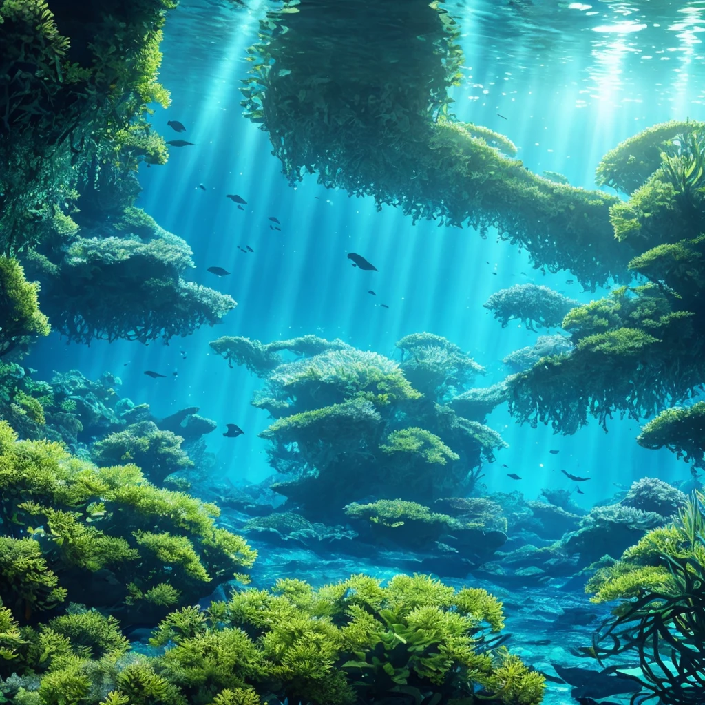 a dark underwater ocean scene, detailed 3d rendering, bioluminescent creatures, dark kelp forest, sunlight filtering through the water, mysterious atmosphere, dramatic lighting, deep blue and green tones, (best quality,4k,8k,highres,masterpiece:1.2),ultra-detailed,(realistic,photorealistic,photo-realistic:1.37),dramatic lighting,cinematic composition,intricate details,stunning realism