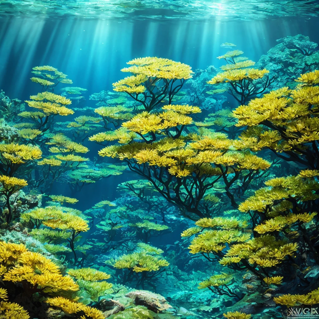 a dark underwater ocean scene, detailed 3d rendering, bioluminescent creatures, dark kelp forest, sunlight filtering through the water, mysterious atmosphere, dramatic lighting, deep blue and green tones, (best quality,4k,8k,highres,masterpiece:1.2),ultra-detailed,(realistic,photorealistic,photo-realistic:1.37),dramatic lighting,cinematic composition,intricate details,stunning realism