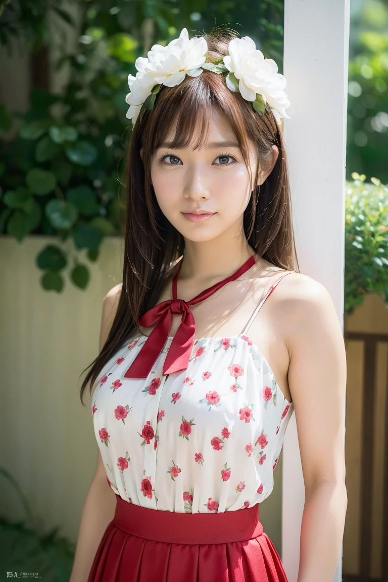 Medium display, Medium Shot, Written boundary depth, bust, Upper Body, Movie angle, masterpiece, highest quality, Very detailed, CG, 8k wallpaper, Beautiful Face, Delicate eyes, Otome, alone, smile, bangs, skirt, shirt, have, Crimson Dress, bow, petal, bouquet