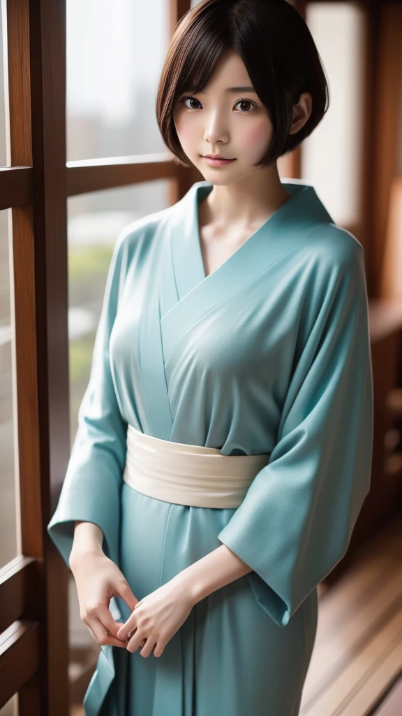 Digital portrait of Japan short-haired woman, Beautiful face,hair messy,Convoluted, Cinematic, unreal enginee 5, a gorgeous, Incredible color grading, Kimono,Japanese dress,Hakama, Photography, cinematic photography, art by、ssmile