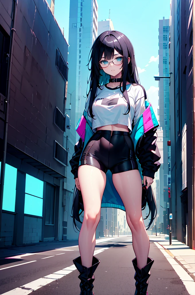 highly detailed, anime-style masterpiece, a young woman with striking features stands tall in a full-body shot. Her fair complexion contrasts with long, straight black hair that falls smoothly down her back, adorned with subtle turquoise tips. Bright neon turquoise eyes gleam behind glasses, conveying a serious expression. A small black device emitting turquoise light adorns the right side of her neck. She has a slender yet athletic physique, reflecting her training. She wears a casual outfit consisting of a black long-sleeved t-shirt under a long, stylish white jacket, paired with black pants that cover her entire legs and simple, sleek black ankle boots. Completing her attire are a minimalist holster and a collar emitting turquoise light points. The background features a contemporary urban setting, with realistic architecture and a bustling street scene, devoid of overly futuristic or alien elements.