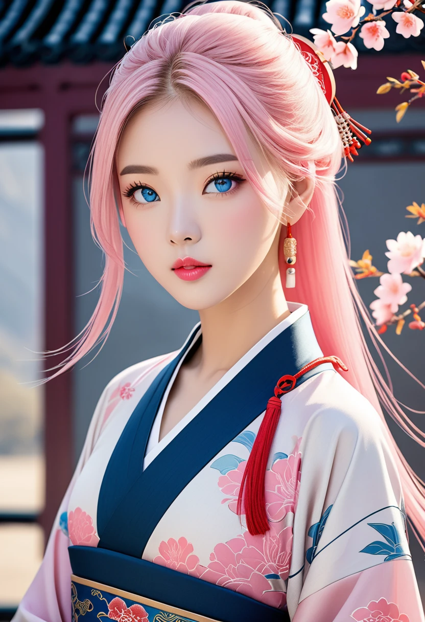 Young woman, light pink hair without bangs, thin pink lips, bright blue eyes Ancient Asian clothing style, ancient china style